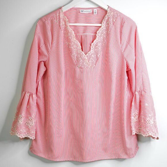 RAFAELLA Pink White Striped V Neck Embroidered 3/4 Sleeves Pull On Top -Size Med - Picture 2 of 11